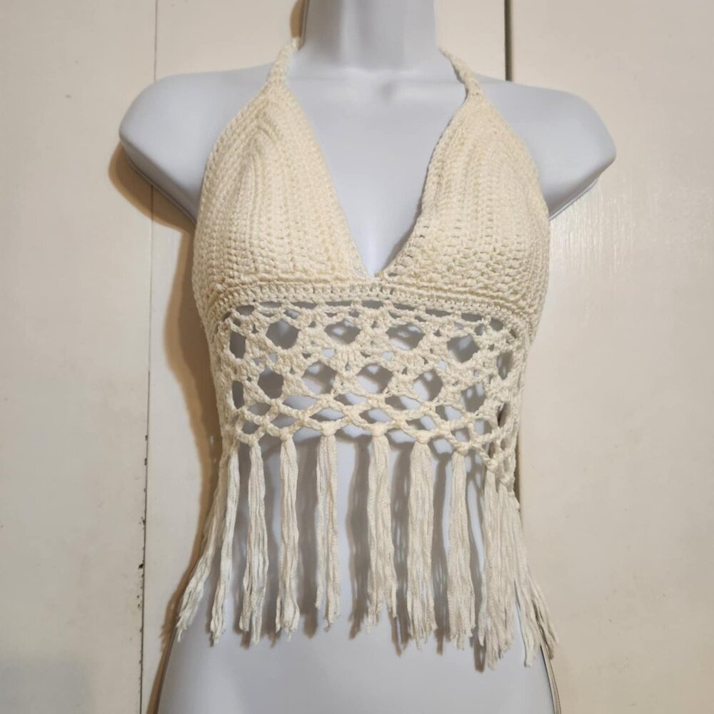 Medium Stylish Swim Crochet Halter Bralette Boho Festival Beachwear Bikini Top - Picture 2 of 5